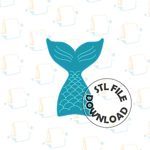 May include: A teal blue mermaid tail with a scale pattern. The tail is on a white background with a black circle that says "STL FILE DOWNLOAD".