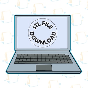 May include: A silver laptop computer with a blue border. The screen displays a white circle with the text "STL FILE DOWNLOAD" in black.