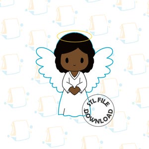 May include: A digital illustration of a Black angel with a halo, wearing a white dress and wings. The angel is standing on a white background with a repeating pattern of white paper bags.