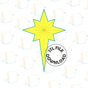 May include: A yellow star with a blue outline and a pointed tip. The star has a circular design with a black circle around the text "STL FILE DOWNLOAD".