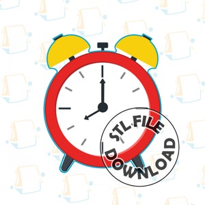 May include: Red alarm clock with yellow bells and black hands. The clock face shows the time is 4:00. The clock is on a white background with a repeating pattern of blue and yellow paper bags.