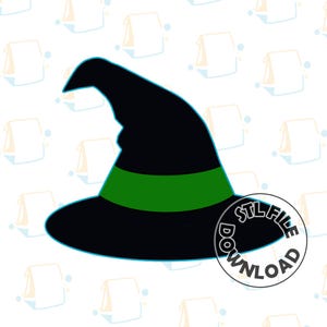 Può includere: Un cappello da strega nero con una fascia verde. Il cappello è una silhouette su uno sfondo bianco con un motivo ripetitivo di sacchetti di carta bianchi.