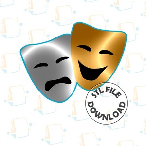 May include: A 3D printed STL file download of two theater masks, one with a happy expression and the other with a sad expression. The happy mask is gold and the sad mask is silver.