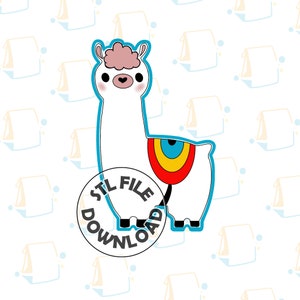 May include: A white llama with a pink fluffy head and a rainbow design on its back. The llama is outlined in blue and has a black circle around it that says "STL FILE DOWNLOAD".