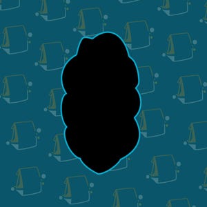 May include: A black, scalloped, oval-shaped cookie cutter with a bright cyan outline. The object is centered against a teal background featuring a repeating pattern of small, stylized, light-colored lunch bag icons with circular accents.