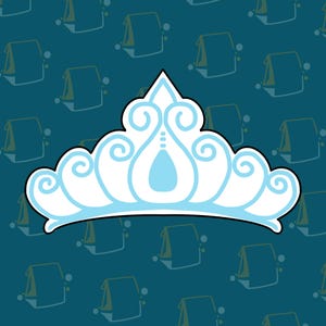 May include: A light blue and white tiara illustration with a teardrop-shaped gem in the center. The tiara has a decorative swirl design and is set against a teal background with a repeating pattern of lunch bags.