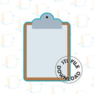 Puede incluir: Un portapapeles marrón con un borde azul y un clip plateado. El portapapeles está en blanco y tiene un fondo blanco. El texto "STL FILE DOWNLOAD" está en un círculo en la esquina inferior derecha del portapapeles.
