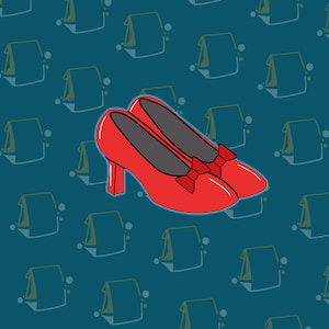 May include: A pair of red high-heeled shoes with black insoles and small bows on the front. The shoes are set against a teal background with a repeating pattern of stylized lunch bags.