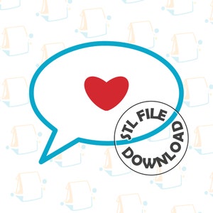 May include: A blue speech bubble with a red heart inside and a black circle with the text "STL FILE DOWNLOAD" on a white background with a repeating pattern of light blue and yellow bags.