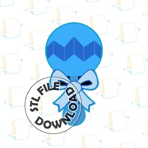 May include: A blue and white baby rattle with a chevron pattern and a bow. The rattle is surrounded by a circle with the text "STL FILE DOWNLOAD".