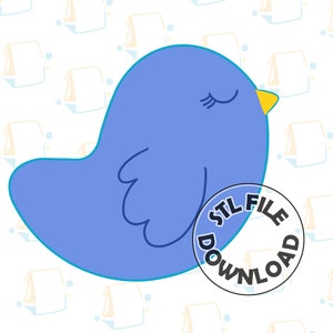 Könnte beinhalten: Ein blauer Vogel mit geschlossenen Augen und einem gelben Schnabel. Der Vogel sitzt auf einem weißen Hintergrund mit einem Muster aus kleinen gelben Quadraten. Der Text "STL FILE DOWNLOAD" befindet sich in einem Kreis um den Vogel.