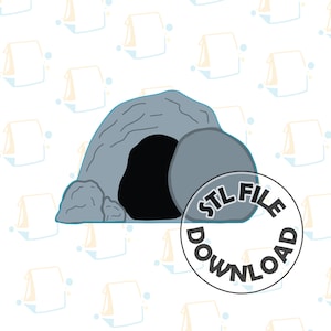 May include: A 3D printed model of a stone tomb with a large round stone blocking the entrance. The tomb is grey and the stone is a lighter grey. The text "STL FILE DOWNLOAD" is in a circle around the stone.