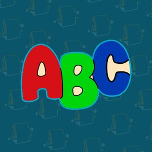 Könnte beinhalten: Bunte Illustration der Buchstaben "ABC" in Rot, Grün und Blau, umrandet in Schwarz. Jeder Buchstabe hat ein weißes Inneres mit einem kleinen, cremefarbenen Oval. Der Hintergrund ist türkis mit einem Muster aus kleinen, weißen Lunchpaketen.