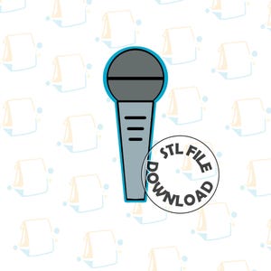 May include: A gray microphone with a black outline and a blue circle around it that says "STL FILE DOWNLOAD".