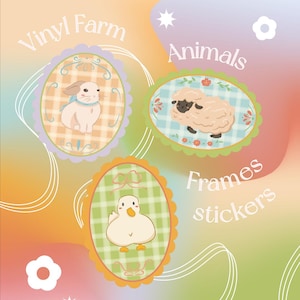 Pegatinas troqueladas de marcos de animales de granja // Pegatinas en copos de primavera en tonos pastel, lindas pegatinas de vinilo hechas a mano, paquete de pegatinas estilo cottagecore, animales de granja