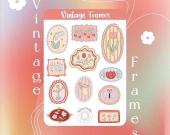 Vintage Frames Sticker Sheet | Pastel Flower border decals, strawberry wavy frame, botanical antique style frames, handmade nature stickers