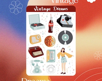 Foglio di adesivi Vintage Dreams // Adesivi retrò per bujo e planner, set di adesivi estetici vintage, articoli di cancelleria con vibrazioni nostalgiche
