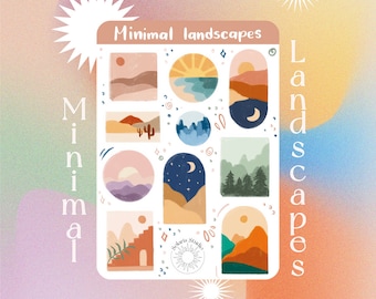 Foglio di adesivi con paesaggi minimali // illustrazioni minimali, adesivi boho per bujo, adesivi estetici per il deserto, adesivi con paesaggi semplici