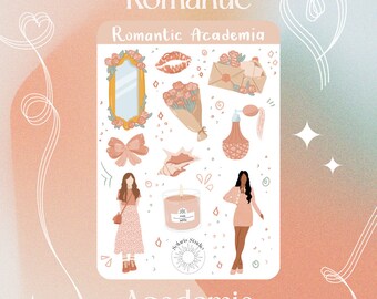 Foglio adesivi Romantic Academia // adesivo per pianificatore ragazza, adesivo amante rosa, set di adesivi estetici femminili, eleganti adesivi rosa