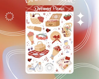 Dreamy Picnic Sticker Sheet | whimsical spring aesthetic, cute garden party stationery, outdoor fun themed journal supplies