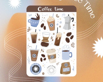 Coffee Time Sticker Sheet // Cozy cafe shop stickers, perfect for bujo and scrapbooking, coffee addict sticker, coffee lover, journal sticke