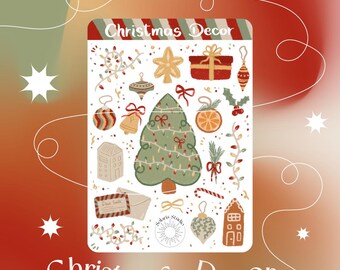 Foglio di adesivi decorativi natalizi // Atmosfere natalizie vintage tenui, adesivi decorativi per bujo e planner, cancelleria festiva per le feste