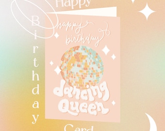 Buon compleanno Dancing Queen Card // Carta per gli amanti della discoteca, regalo per i fan degli Abba, biglietto di compleanno per lei, biglietto di compleanno punny, biglietto di compleanno retrò