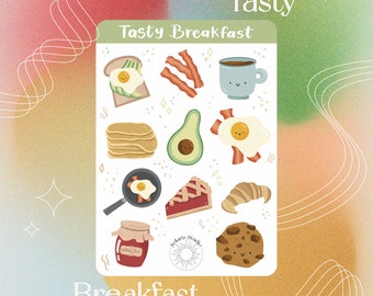 Tasty Breakfast sticker sheet // bujo food stickers for planner, brunch breakfast aesthetic sticker, cute food stickers with faces