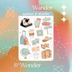 Hoja de pegatinas Wander & Wonder // Pegatinas para amantes de los viajes, estética aventurera, papelería para viajes de verano, pegatinas para diarios de viaje
