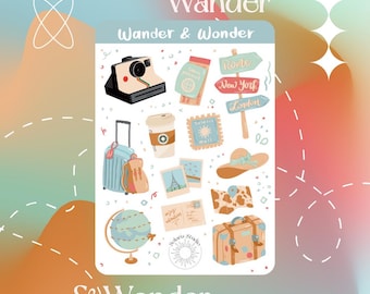 Foglio di adesivi Wander & Wonder // adesivi per amanti dei viaggi, estetica avventurosa, cancelleria per viaggi estivi, adesivi per diari di viaggio