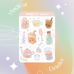 Magical Drinks Sticker Sheet // süsser Getränke Sticker, kawaii Sticker, skurriles, verträumtes Scrapbooking, Pastell Sticker