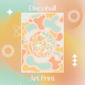 Impression d'art boule disco boule//illustration A5 boule disco vintage rétro, décoration d'art mural boule à facettes, carte postale illustration boule disco A5 vintage rétro