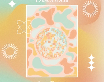 Stampa artistica con palla da discoteca retrò: decorazione vintage con palla a specchio (A5)