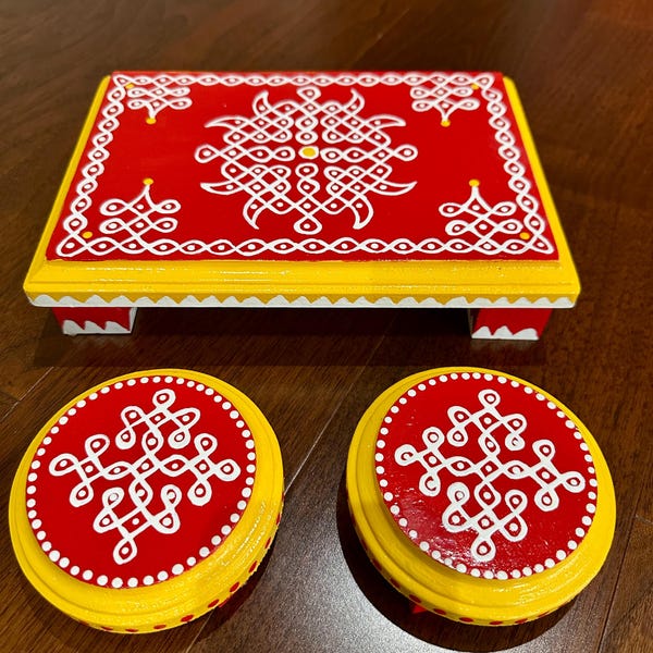 9in x 6in x4in kolam chowki and set of 2  4inches  round pooja stand/kolam manai/peeta/housewarming/ Indian decor/varalakshmivratham/chowki/