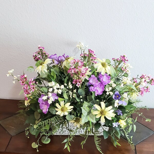 Summer Table Centerpiece With Pink, Purple, And Yellow Florals, Dining Room Centerpiece, Housewarming Gift, Gift For Mom, Tabletop Decor