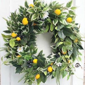 Summer Lemon Blueberry Wreath With White Flowers, Front Door Farmhouse Wreath With Fruit, Front Door Yellow And White Wreath, Kitchen Wreath