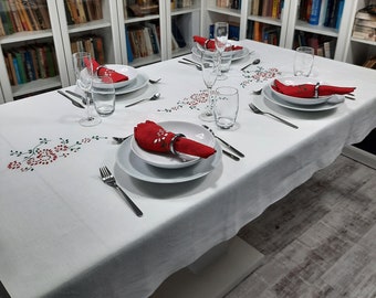Nappe en lin blanc avec broderie faite à la main (120cm x 240cm / 47 » x 94 »)