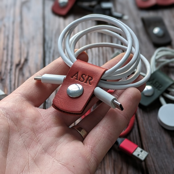 Personalized red leather Cable organizer, Leather cable management, Leather cord wrap, Cord holder, Clip cable, Cable keeper, Cable holder