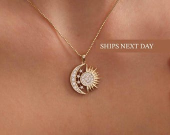 Sun Moon Necklace, Solar Eclipse Necklace, Celestial Sunshine Necklace, Crescent Moon Necklace, Stars Necklace, Sun Necklace+