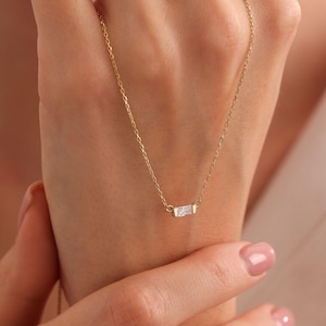 Baguette Diamond Necklace, Dainty Sterling Silver Diamond Necklace, Delicate Necklace, Bridesmaid Gift, Anniversary Gift, Gift for Her+