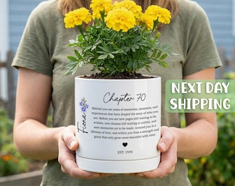70th Birthday Gift For Women, Personalized Birth Flower Plant Pot, Custom Name Chapter 70 Planter