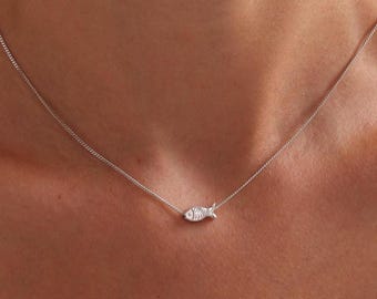 Tiny Fish Sterling Silver Necklace, Gift For Her, Sea Lover Necklace, Fish Jewelry, Dainty Silver, Floating Charm, Fish Pendant