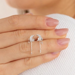 Moon and Dangling Star Stud Earrings in Sterling Silver, Silver, Moon and Star Earrings in Sterling Silver, Gold or Rose Gold