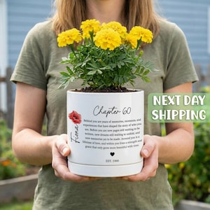 60th Birthday Gift For Women, Personalized Birth Flower Plant Pot, Custom Name Chapter 60 Planter