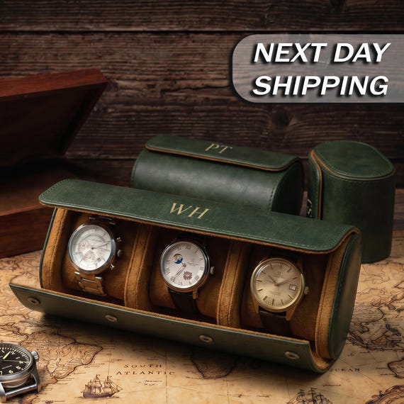 A roll-up leather watch case that protects up to 3 watches in transit and doubles as a bedside display — monogrammed for a personal touch.