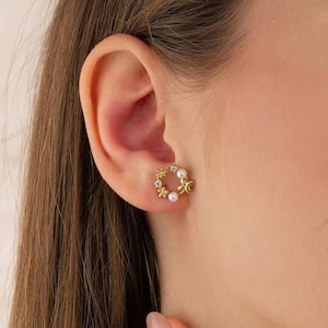 CZ Circle Flower and Butterfly Stud Earrings, Sterling Silver Tiny Flower Wreath Stud Earrings - Silver or Gold or Rose Gold