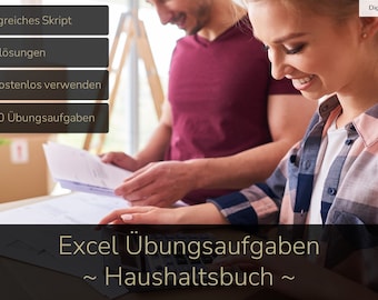 May include: A couple working on a digital download product called "Excel Übungsaufgaben ~ Haushaltsbuch ~". The product includes a comprehensive script, sample solutions, over 60 practice exercises, and the ability to use Excel for free.