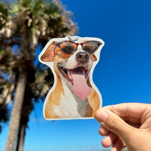 K&ouml;nnte beinhalten: Ein brauner und wei&szlig;er Hund, der eine Sonnenbrille tr&auml;gt und die Zunge herausstreckt. Der Hund ist auf einem wei&szlig;en Auto-Lufterfrischer gedruckt.