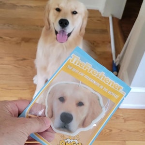 Pu&ograve; includere: Un profumatore per auto bianco con l'immagine di un cane golden retriever. La confezione &egrave; blu e gialla e riporta la scritta "The Fresheners" e "The Best Car Fresheners in the World!" con le parole "OMG!" in basso.