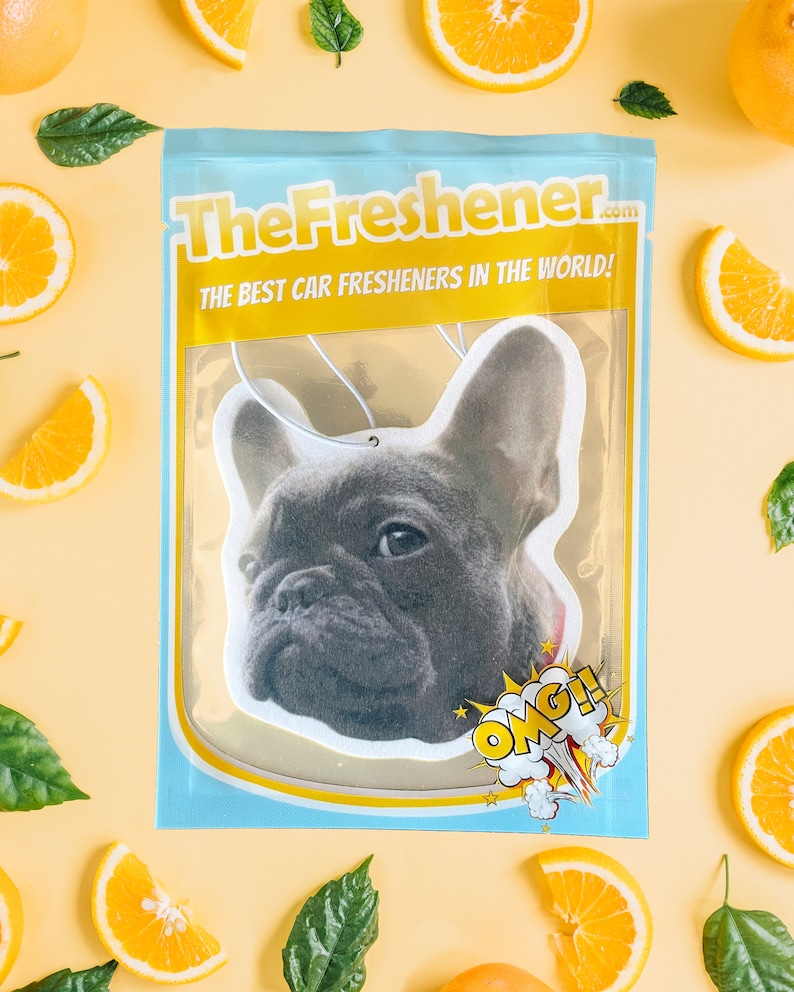 K&ouml;nnte beinhalten: Ein wei&szlig;er Auto-Lufterfrischer mit einem Bild eines franz&ouml;sischen Bulldoggen. Der Lufterfrischer befindet sich in einem durchsichtigen Plastikbeutel mit blauem und gelbem Rand. Der Text "TheFresher.com" und "THE BEST CAR FRESHENERS IN THE WORLD!" ist auf dem Beutel aufgedruckt. Der Text "OMG!" ist in einer gelben Sprechblase auf dem Lufterfrischer aufgedruckt.